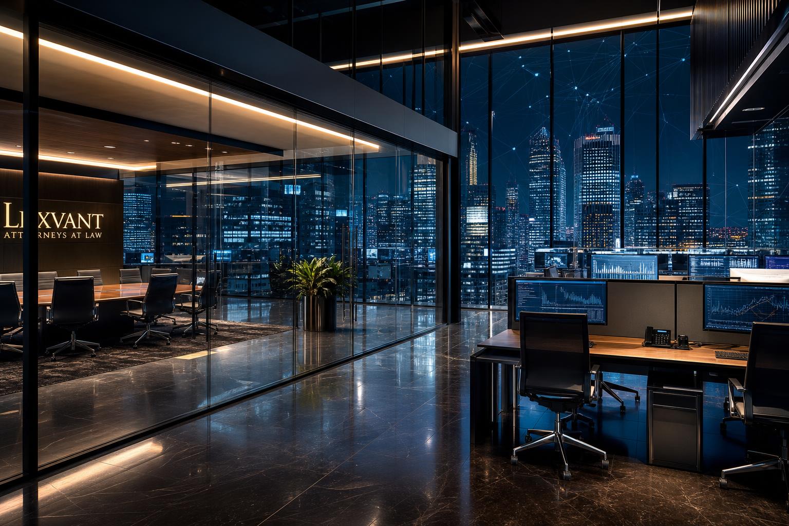 Dramatic architectural interior of a modern law firm office at night with city skyline views, sleek workstations, and subtle digital network overlays
